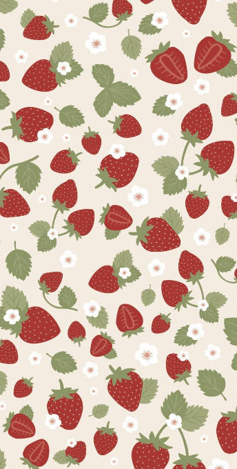 Papirserviet med røde jordbær i håndtegnet design – sommerlig og dekorativ til festlig borddækning.