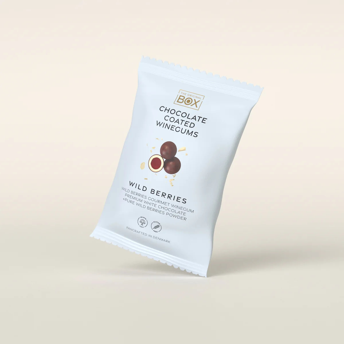Gelatinefri vingummier med skovbær, hvid chokolade og lakrids fra Box the Original i snack pack 70 gram - køb hos butikalrum.dk