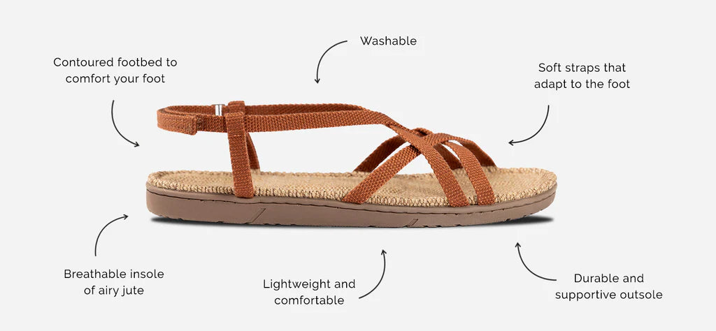 Sandal i varm, jordnær farve (orange/brun) med bagrem. Skoen er lavet af gummi og jute.