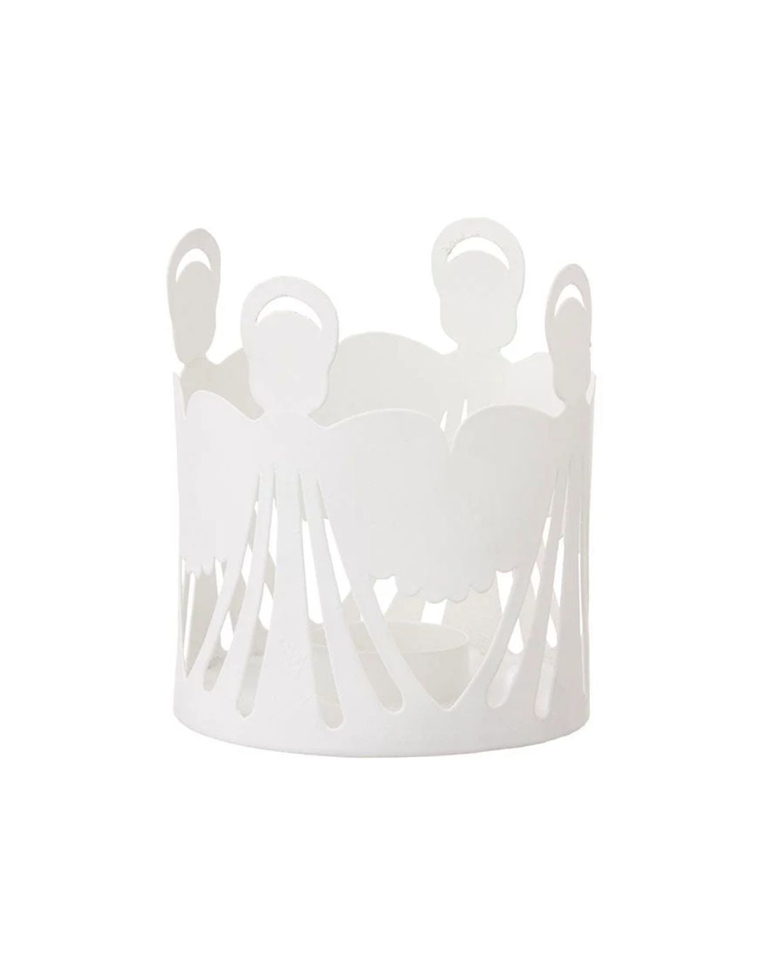 Elegant fyrfadsstage med hvidt englemotiv, lavet af malet metal.