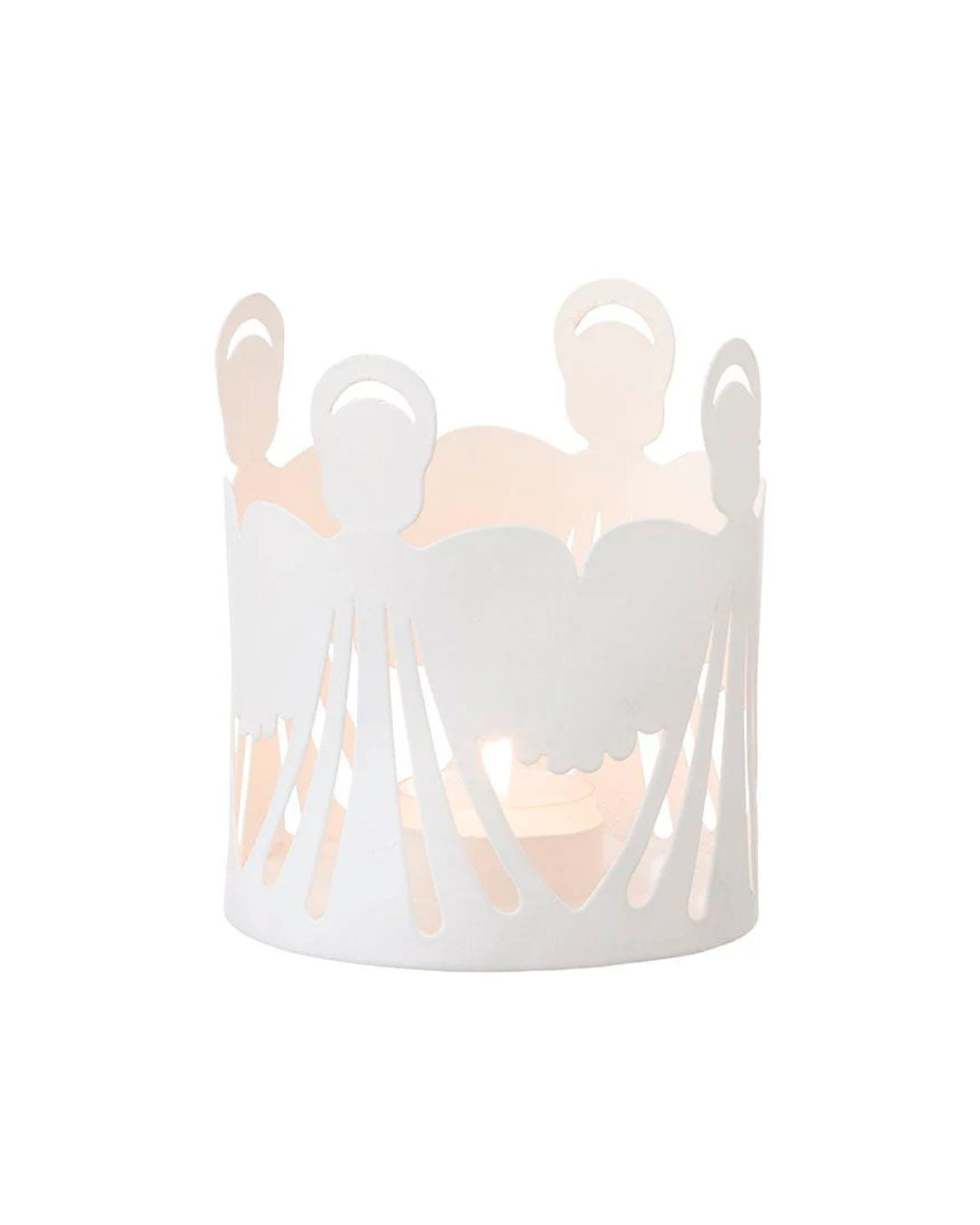 Elegant fyrfadsstage med hvidt englemotiv, lavet af malet metal.