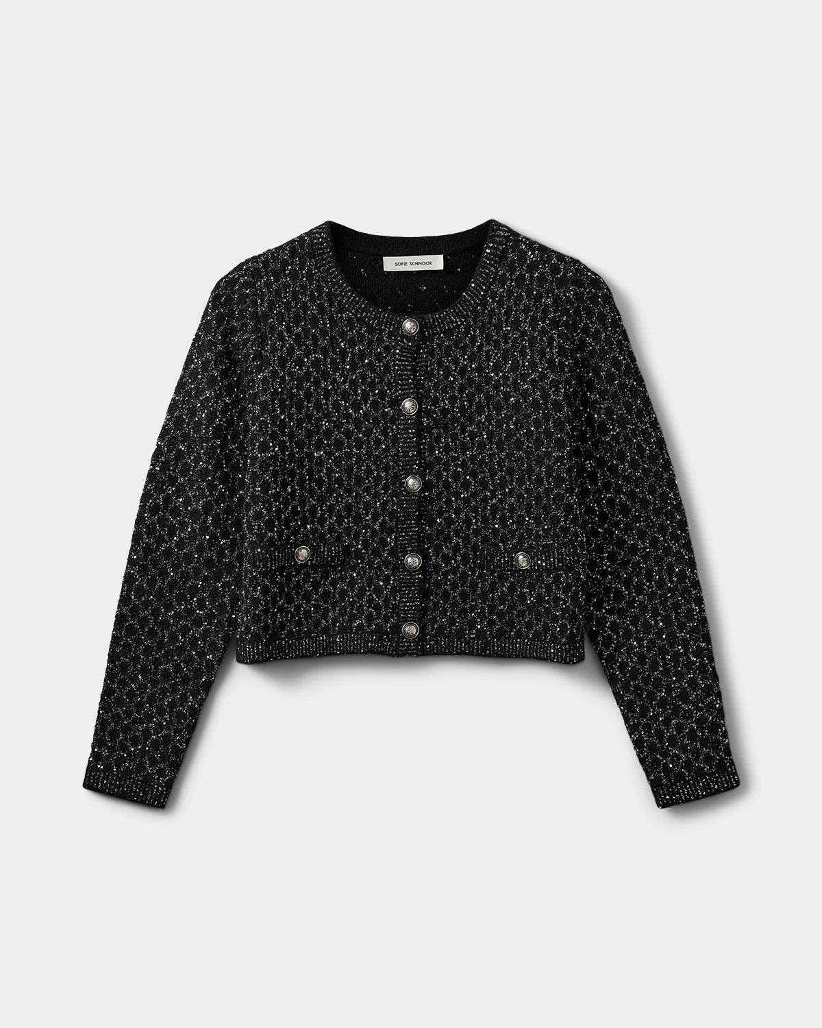 Køb CARNETSW cardigan i black glitter fra Sofie Schnoor hos butikalrum.dk – strikket cardigan med sølvknapper og pailletmønster