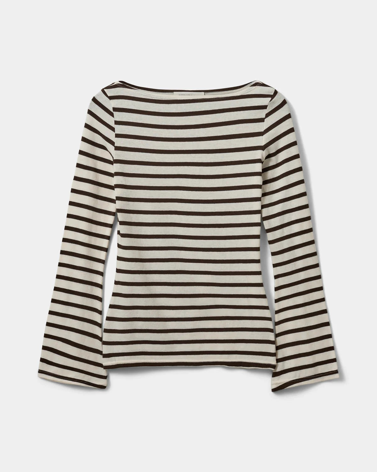 CECESW langærmet T-shirt fra Sofie Schnoor i Brown Striped med bådhals og klokkeformede ærmer – køb hos butikalrum.dk.