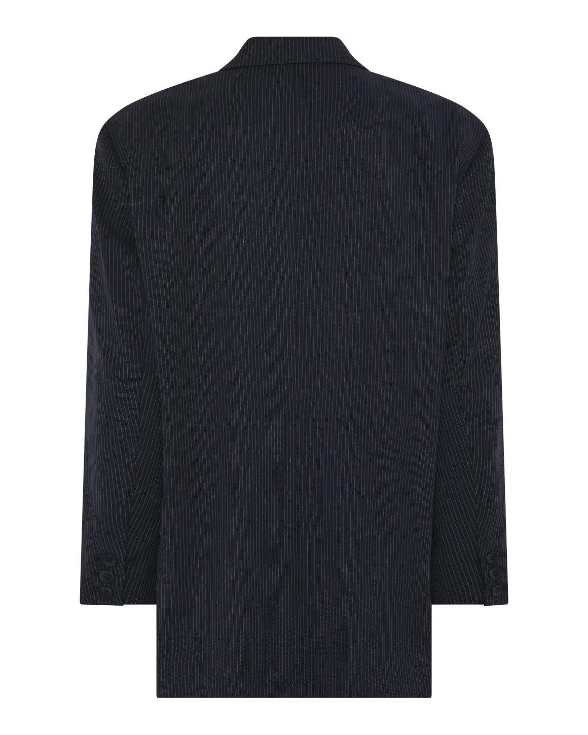 Catrine Blazer – nålestribet oversized blazer med klassisk revers, knaplukning og snordetalje.
