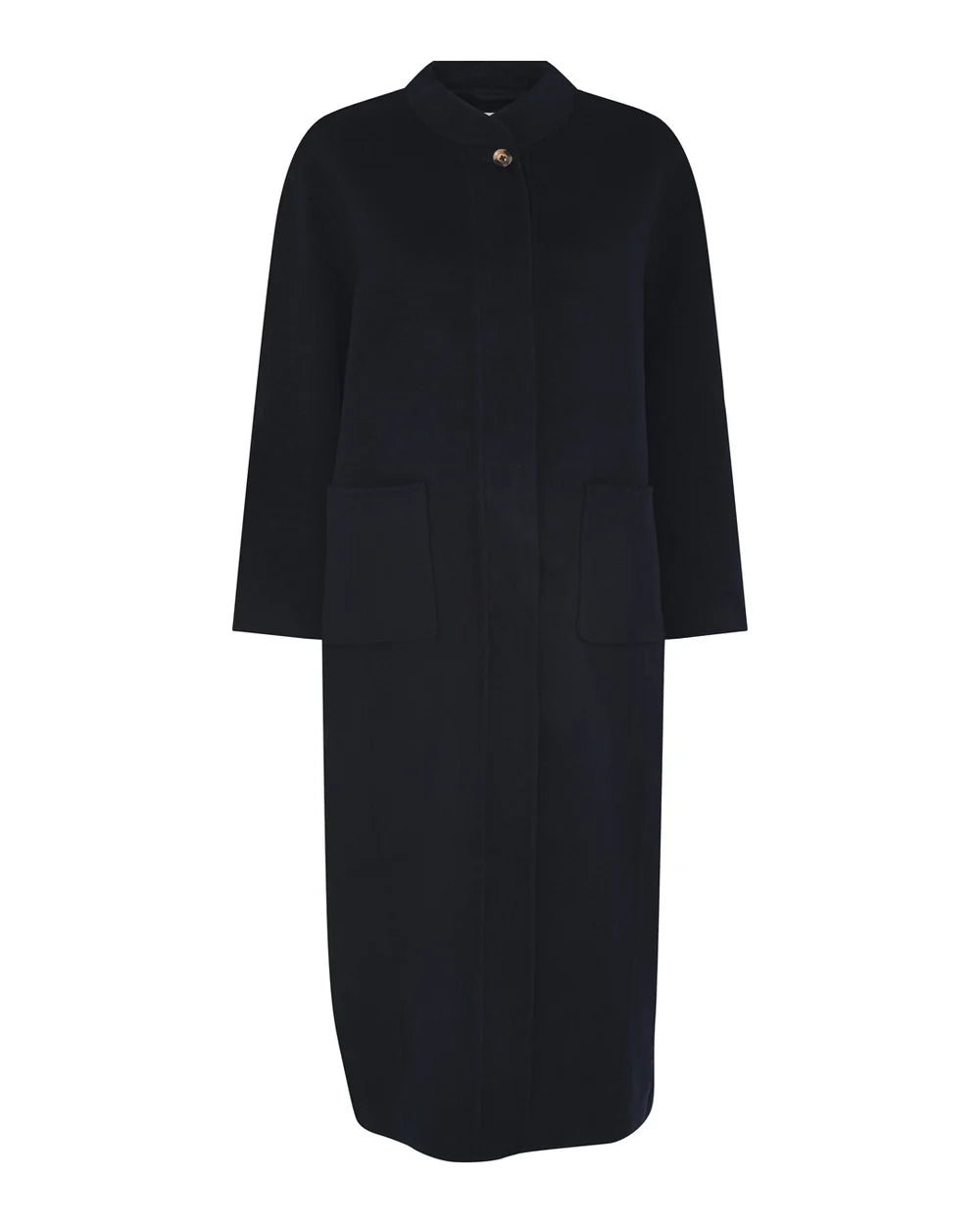 Chicago Pure Wool Long Coat fra FRAU i Dark Navy, lang uldfrakke i 100% uld med knappelukning og lommer – køb hos butikalrum.dk.