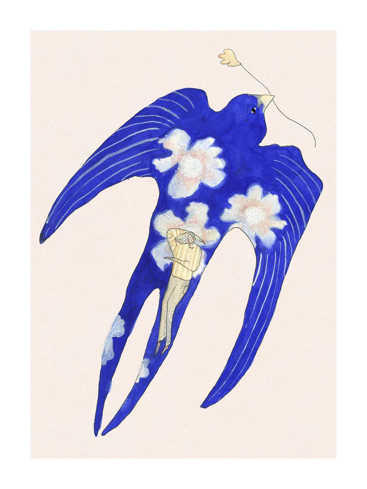 Dagdrømmeren fra Krull Studio, der forestiller en blå fugl med blomster og lys baggrund. Plakaten er i 230 gram mat kvalitetspapir.