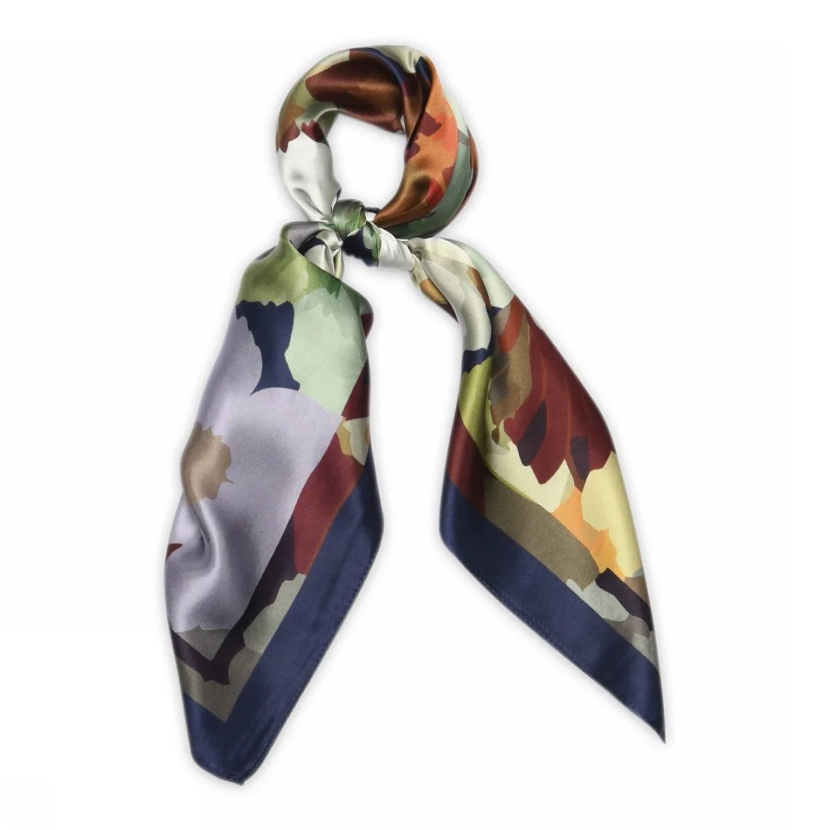 Delilah Silk Scarf fra MPWoman i navy med grafisk blomsterprint i efterårsfarver, 100% silke og 68 x 68 cm.