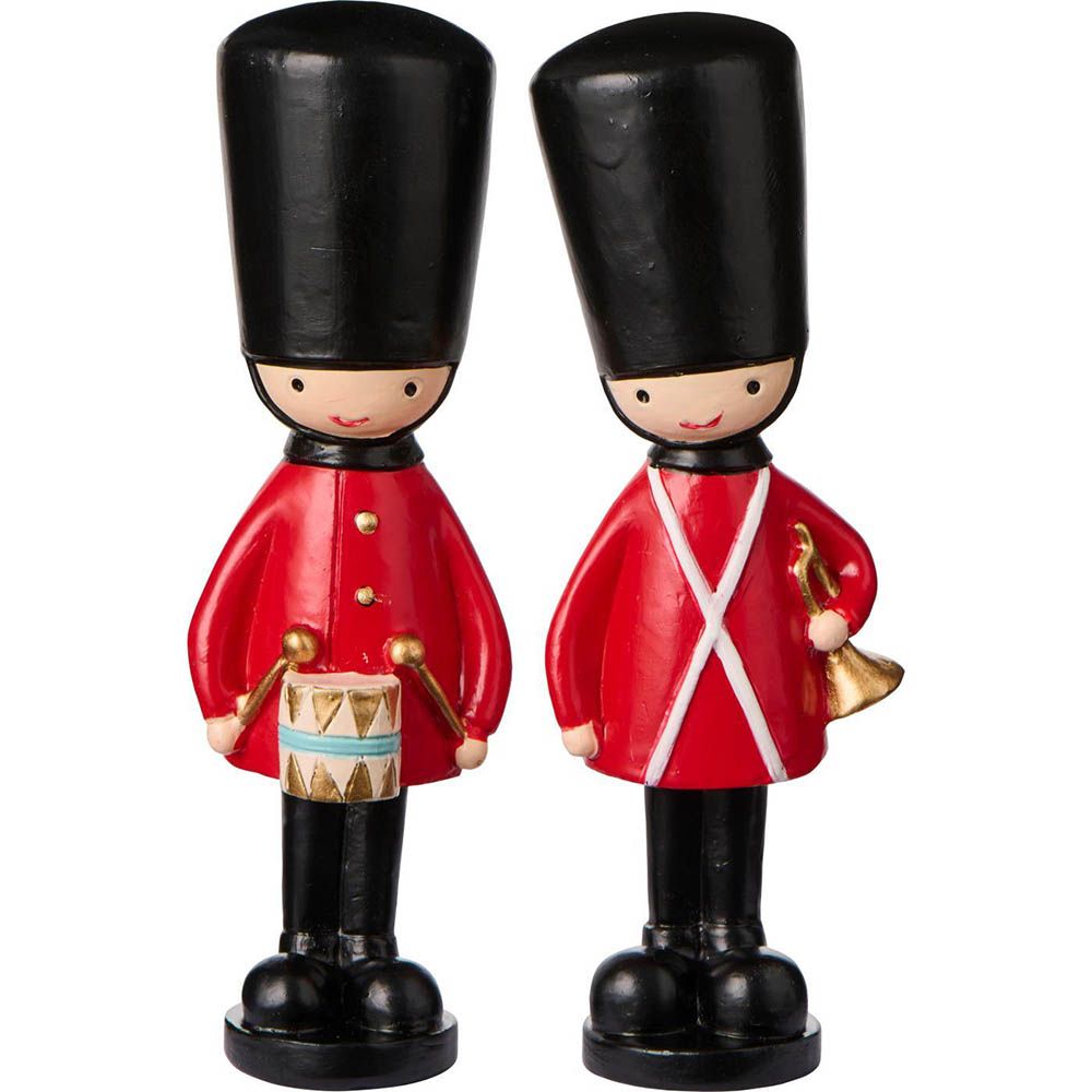 To stående garderfigurer, dekorative og nostalgiske, perfekte til juleopstillinger og bordpynt