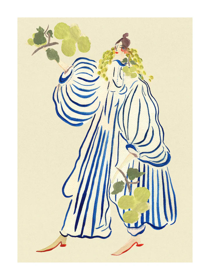 Grapevine Goddess fra Krull Studio i 230 gram kvalitetspapir. Plakat med motiv af gående kvinde med stor stribet kjole og grønne grene.