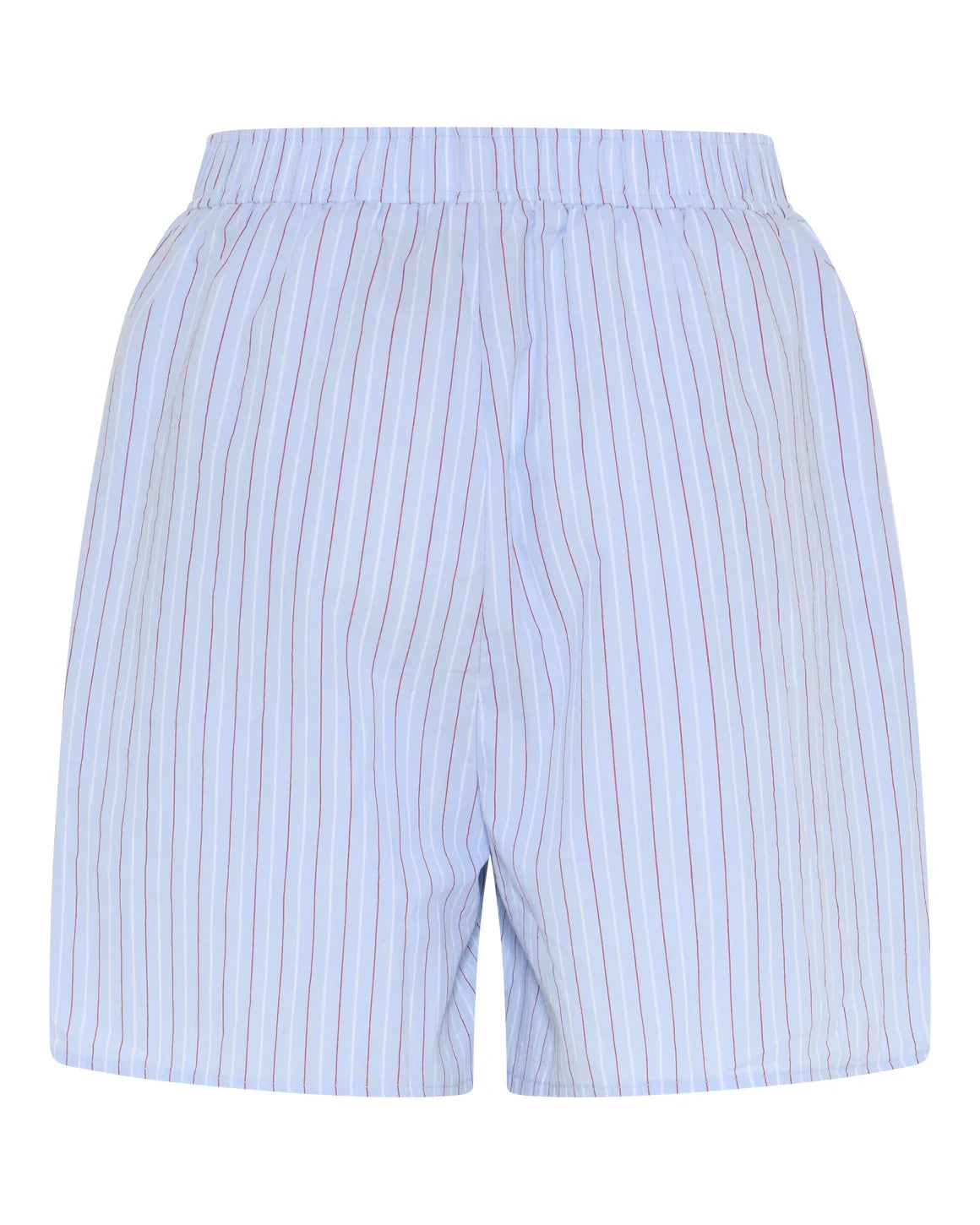 Stribede sommershorts i lyseblå, rød og hvid fra LA RŌUGE med elastik i taljen og lommer perfekt til sommer - køb hos butikalrum.dk