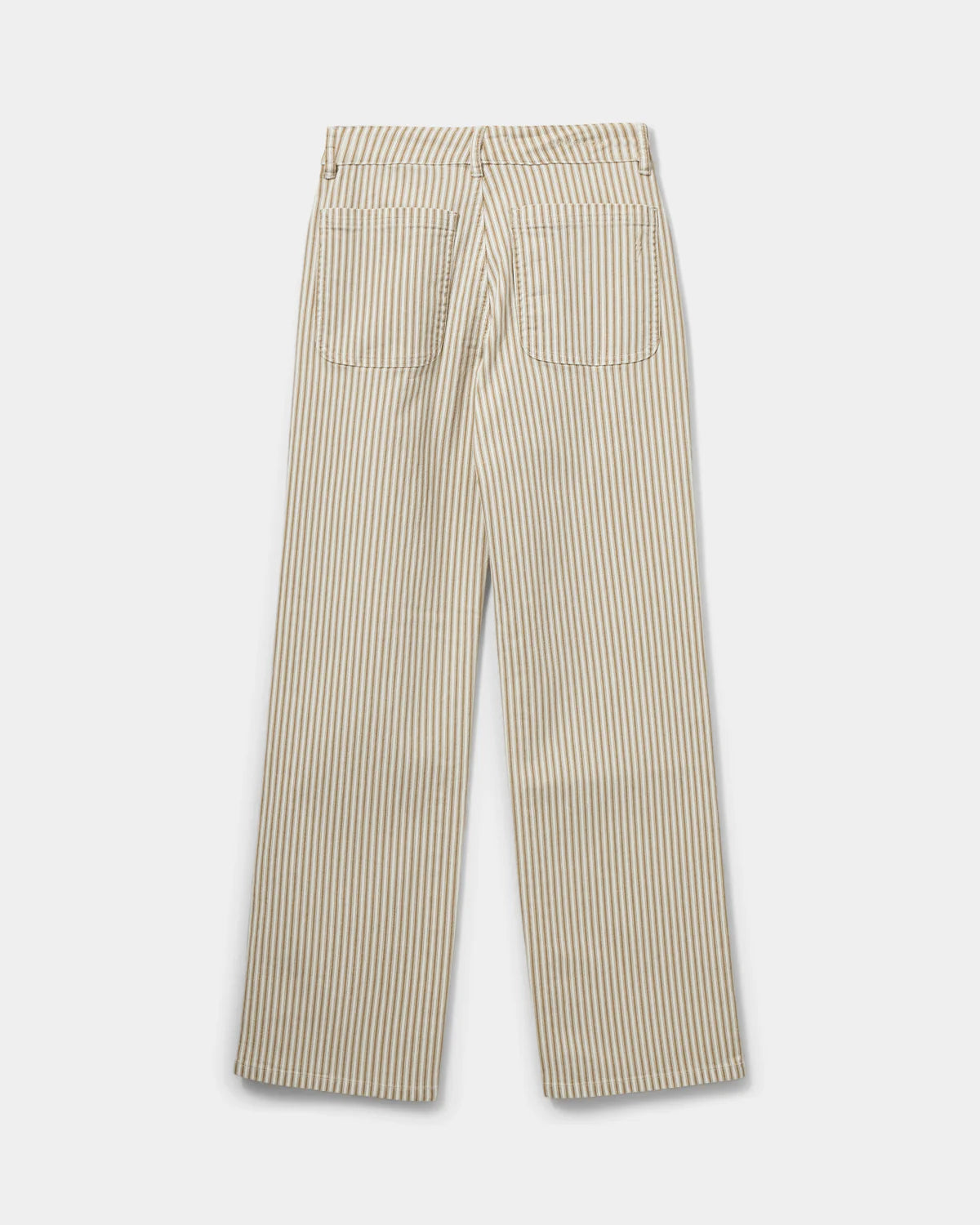 Stribet bukser i hvid/camel med knap og lynlån samt lommer fortil og bagpå.