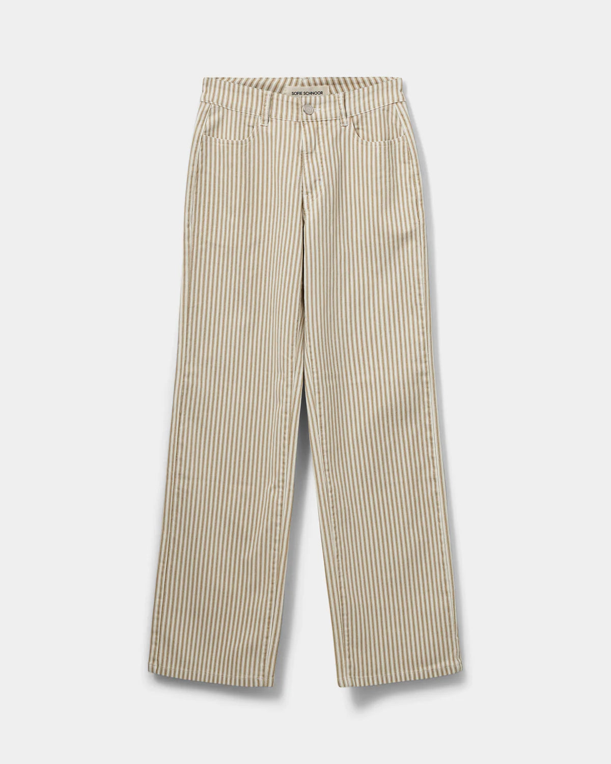 Stribet bukser i hvid/camel med knap og lynlån samt lommer fortil og bagpå.