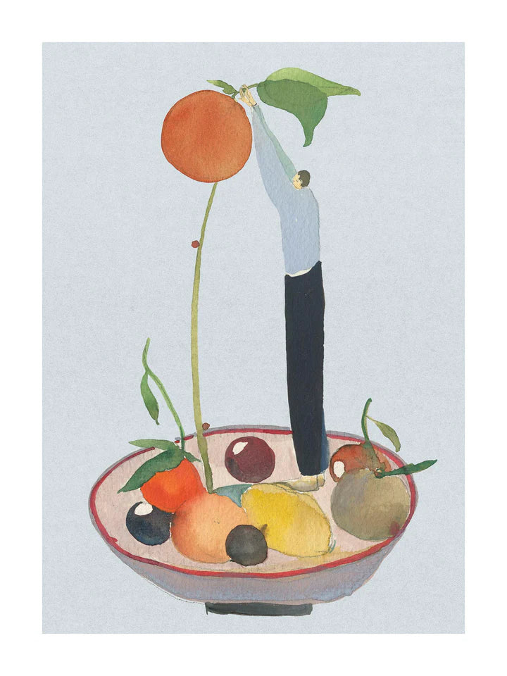 Mandarin Gardener fra Krull Studio. Plakat med motiv af menneske, der står med en store mandarin i en frugtskål.
