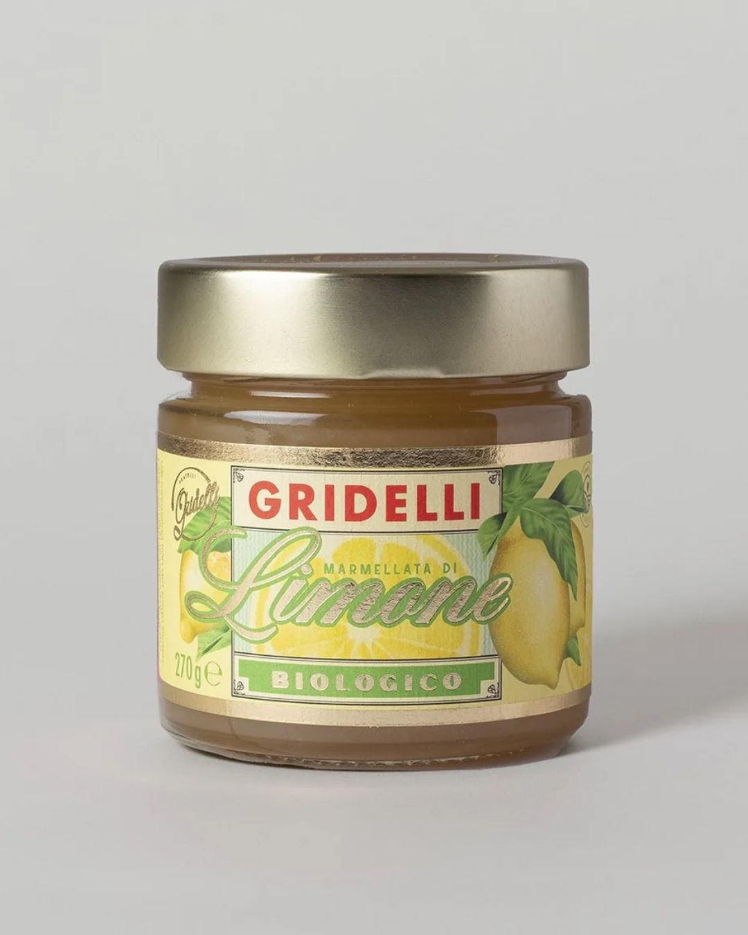 Økologisk citronmarmelade fra Gridelli, lavet af sicilianske citroner – perfekt til brød, desserter og cocktails.