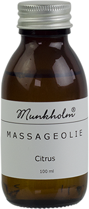 Køb massageolie med citrusduft fra Munkholm hos Butikalrum.dk – 100 ml plejende olie til massage og bad.