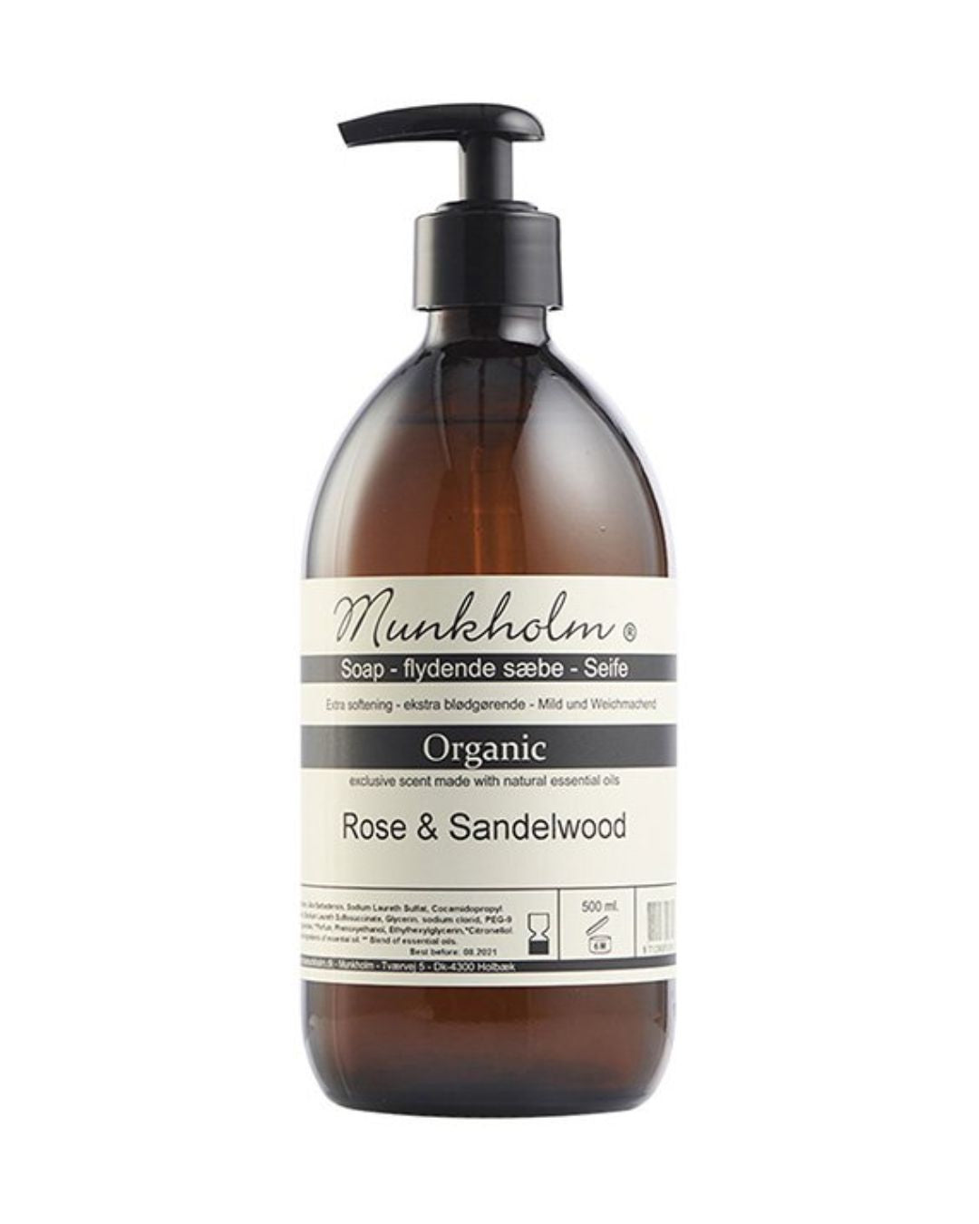 Flydende håndsæbe med Rose & Sandelwood, 500 ml, med aloe vera og glycerin, dufter af elegant rose og sandelwood.