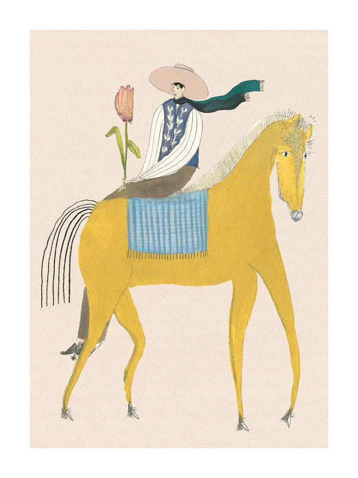 Prinsen af tulipanerne fra Krull Studio. Plakaten er i 230 gram mat kvalitetspapir og er et motiv af en gul hest og tulipanprinsen med en rødlig tulipan.