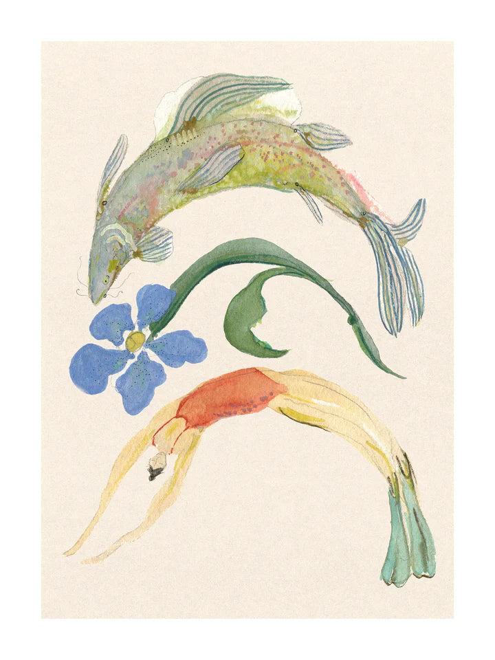 Ryujin fra Krull Studio i 230 gram mat kvalitetspapir. Plakaten forestiller en dykker, blomst og fisk.