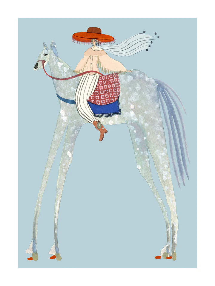 Sheriffen fra Krull Studio i 230 gram mat kvalitetspapir. Plakaten forestiller en person med langt tørklæde og stor hat, der sidder på et dyr med lange ben.