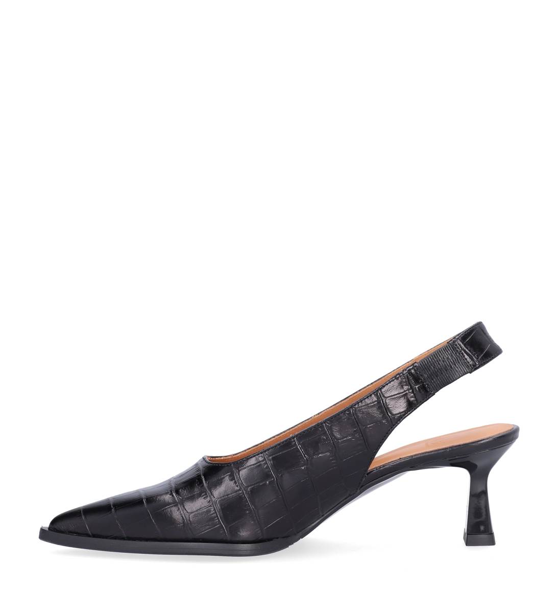 Slingback i præget læder med spids tå, slank hæl og elegant slingback-rem.