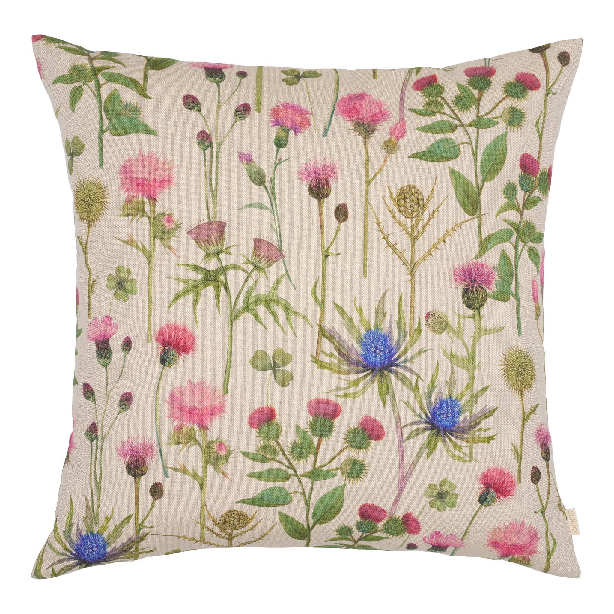 Pude Thistlefield Linen 50×50 i beige hør med pink og blålilla tidselmotiv – naturinspireret pude fra Spliid i høj kvalitet.