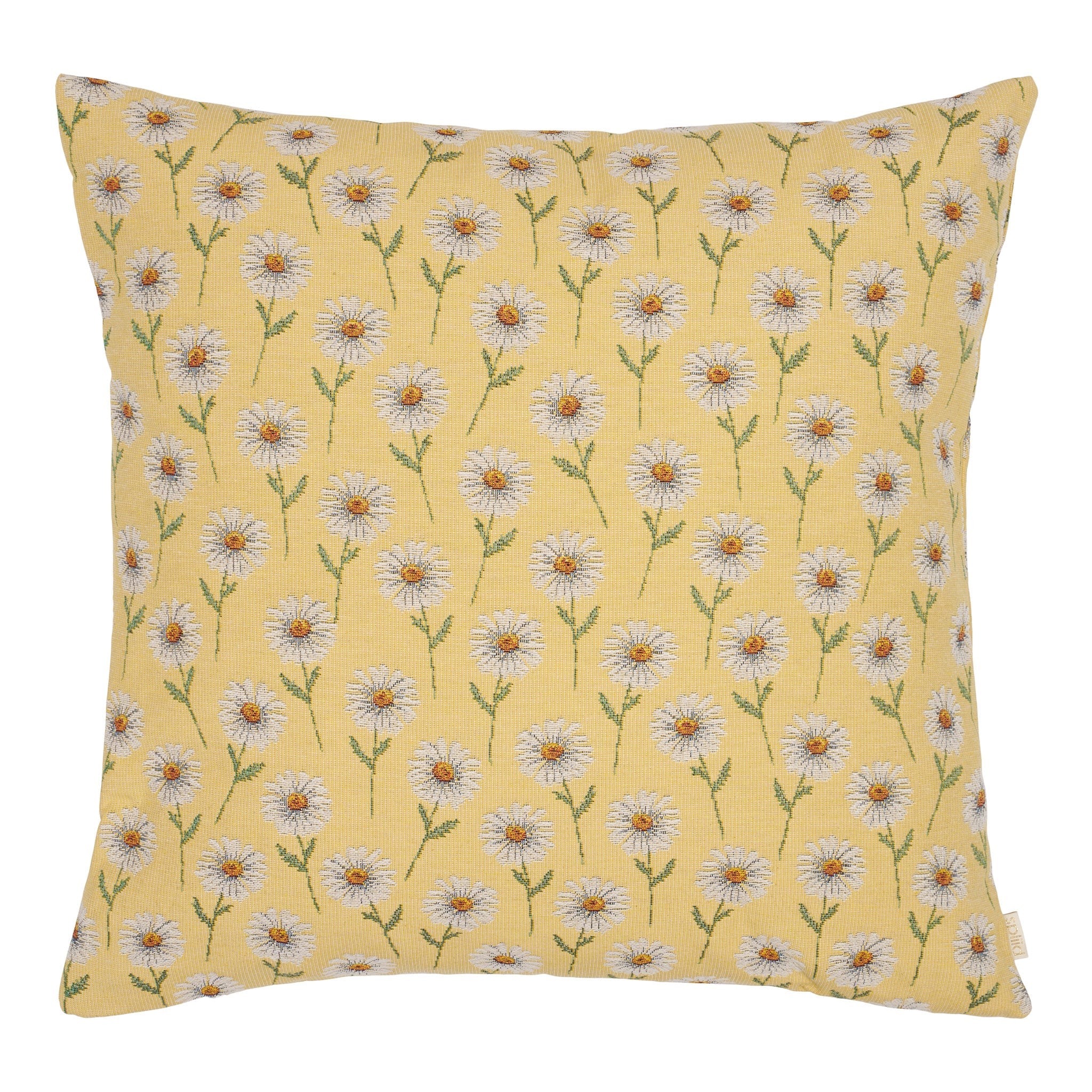 Gobelinpude Margurit Sunshine 50×50 med hvide margueritter på gul baggrund – inkl. dansk Oeko-Tex monteringspude med dun og fjer.