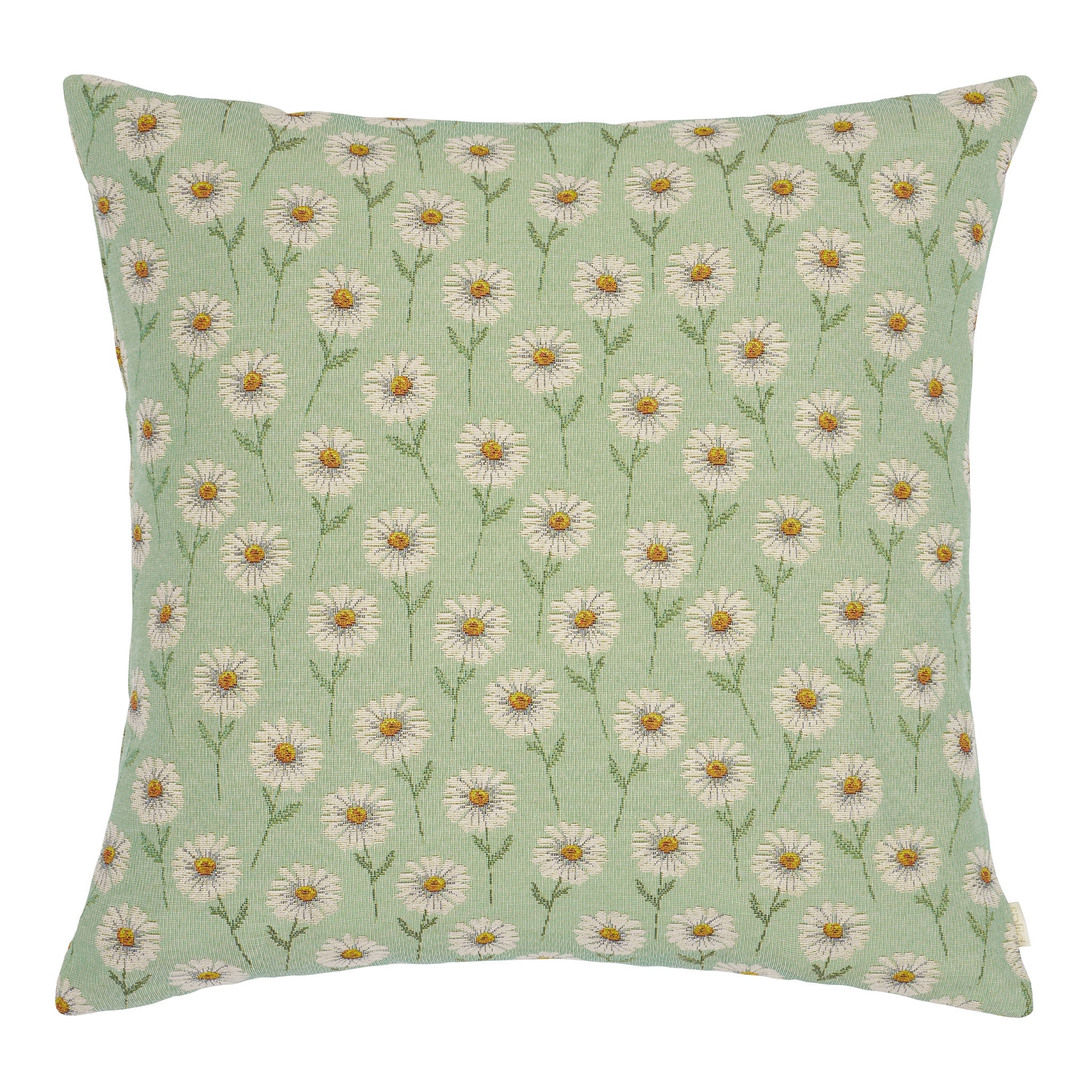 Gobelinpude Margurit Pistachio 50×50 med hvide margueritter på grøn bund – inkl. danskproduceret monteringspude med dun og fjer.