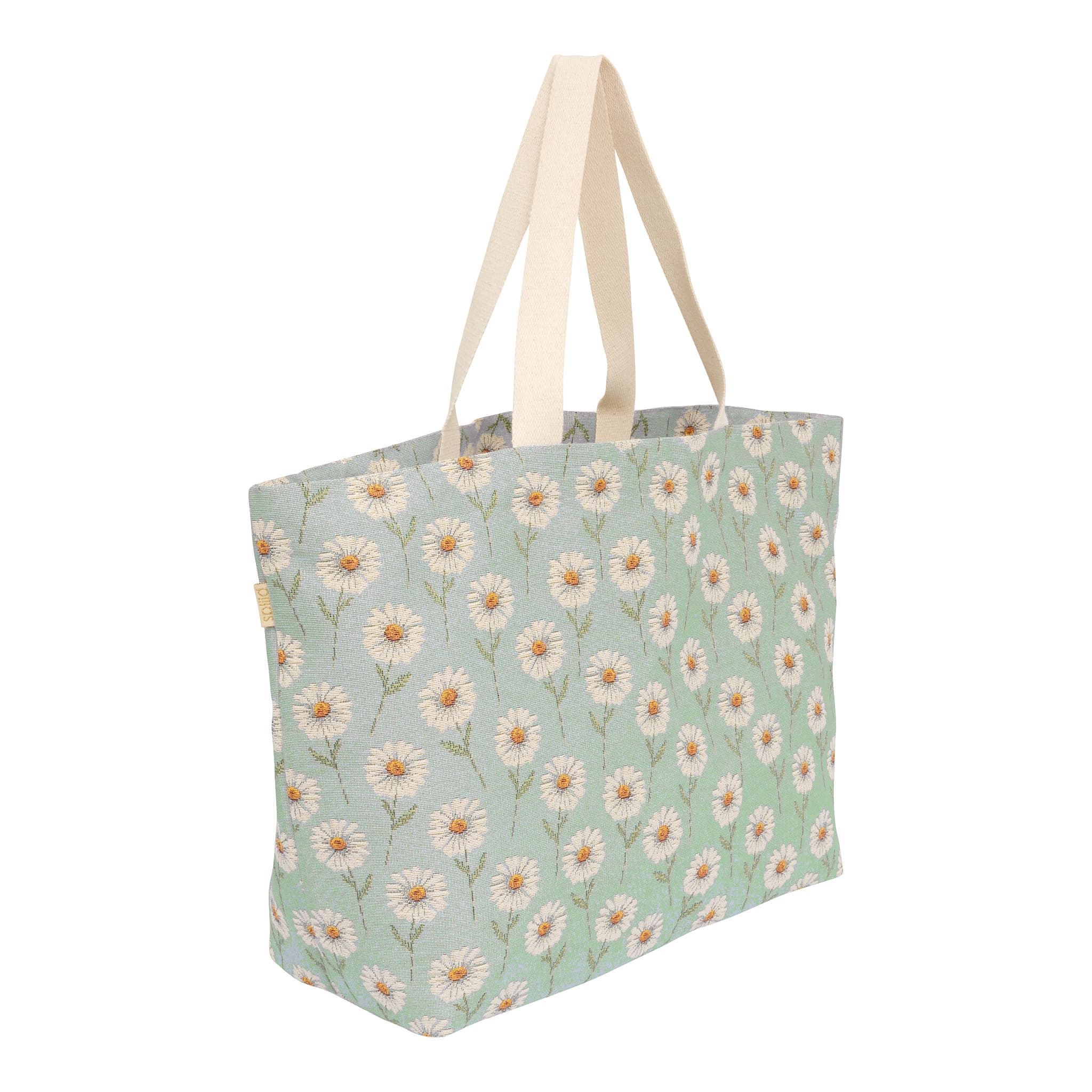 Shopper Margurit Pistachio i pistaciegrøn gobelin med hvide margueritter – stor og vaskbar taske i blødt grønt design.