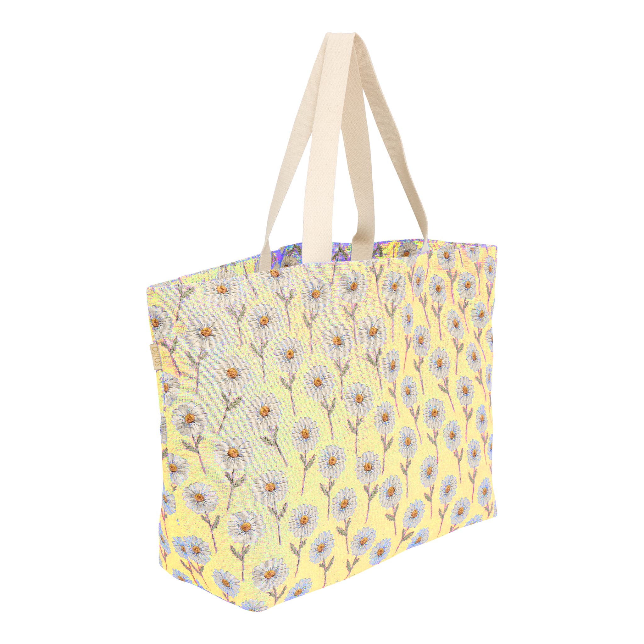 Shopper Margurit Sunshine i gul gobelin med hvide margueritter – rummelig og vaskbar taske til daglig brug.
