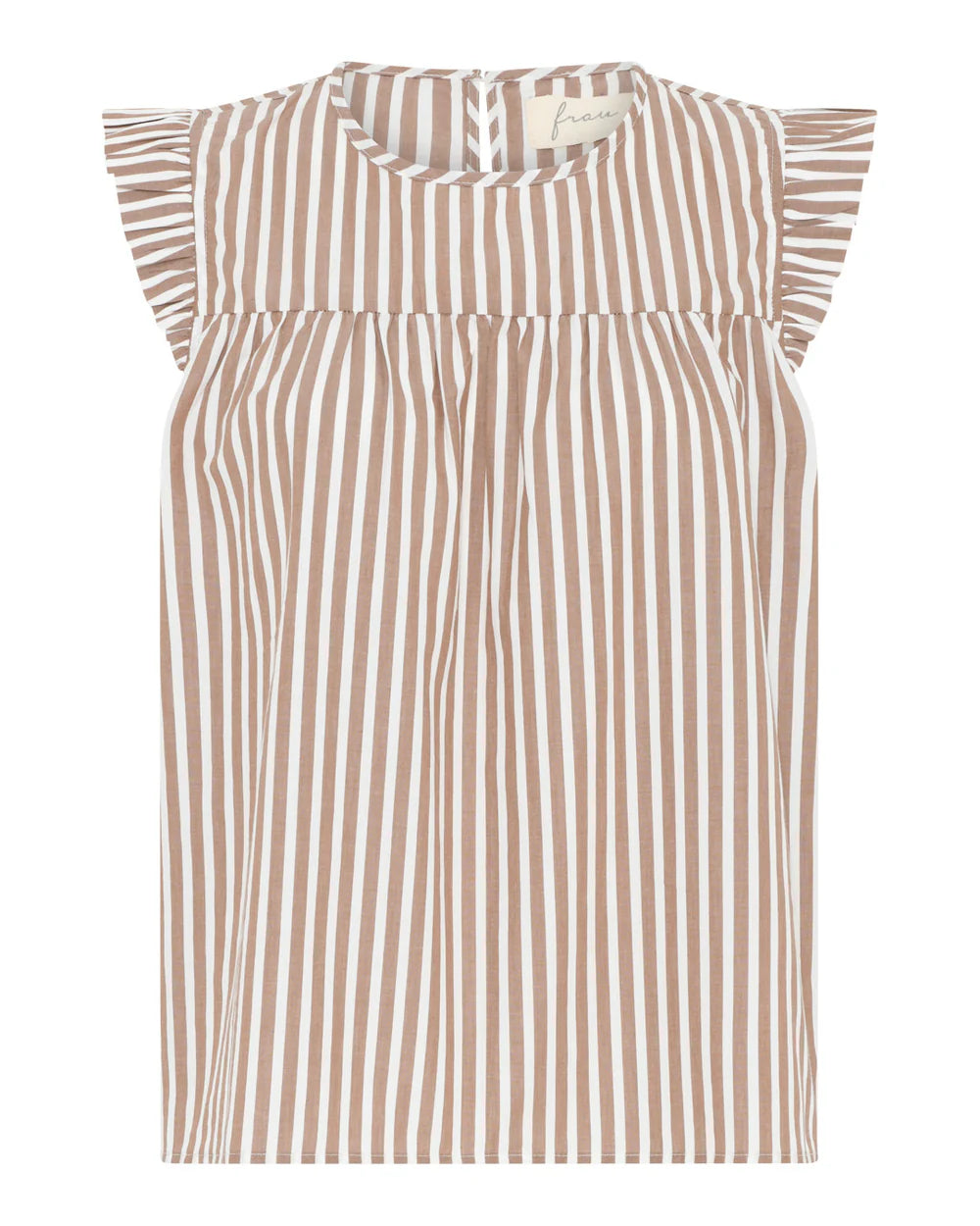 Ærmeløs Stockholm top fra Frau med flæsedetaljer, rynk foran og rund hals med knaplukning bagpå | Køb hos butikalrum.dk