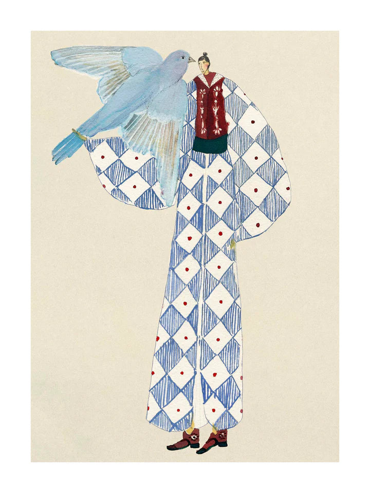 The Muse fra Krull Studio i 230 gram kvalitetspapir. Plakat med motiv af menneske i ternet tøj med due i hånd.