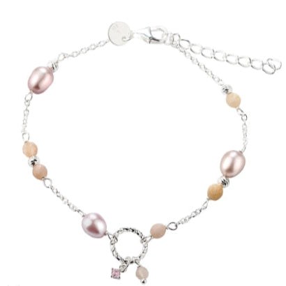 Armbånd i sterling sølv med rosa ferskvandsperler, rosa zirkonia og sunstone