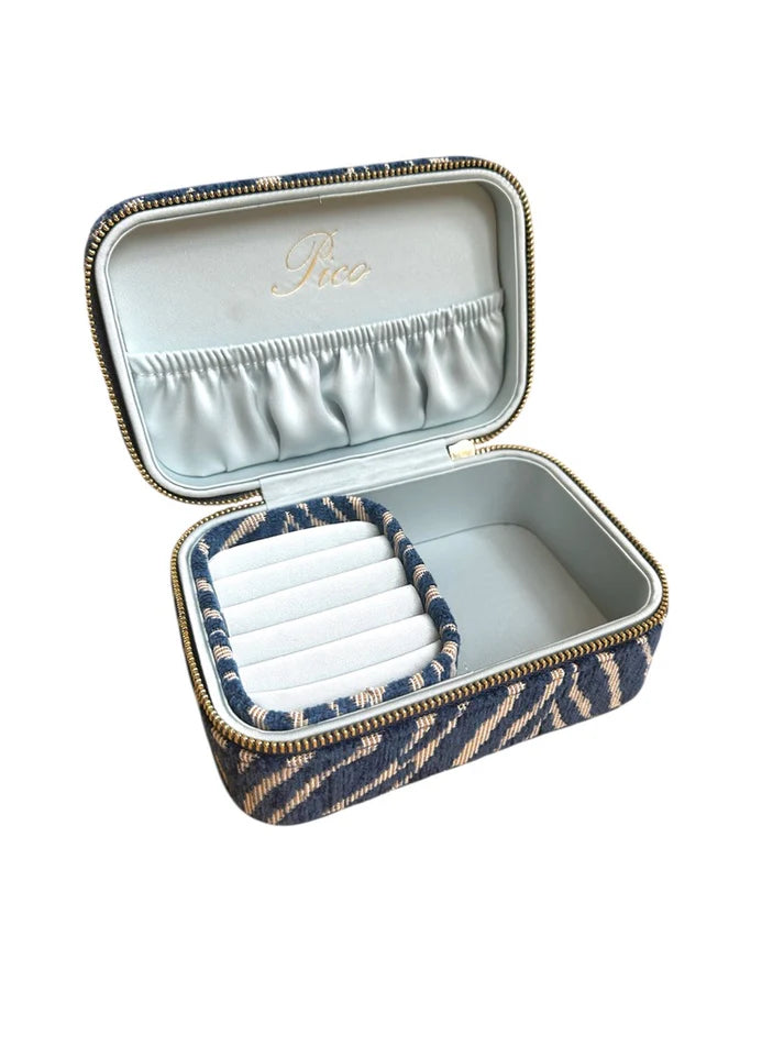 Stort smykkeskrin i bomuld og polyester med aftagelig bakke, design Pico Blue Zebra, 14,5 x 10 cm