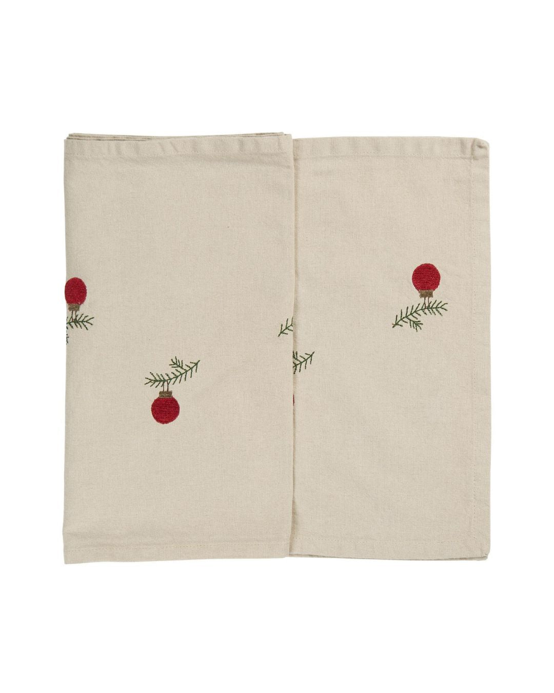 Hørfarvet bordløber med julemotiver af julekugler og grankviste, 30 x 160 cm.