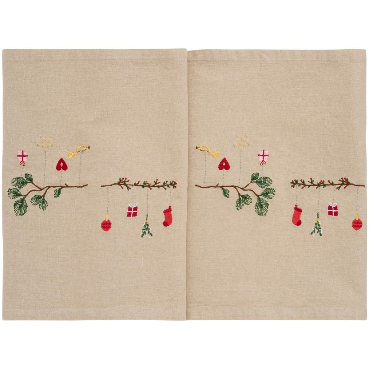 Hørfarvet bordløber i vasket bomuld med broderede grene og hængende julepynt, 30 x 160 cm – køb hos butikalrum.dk.