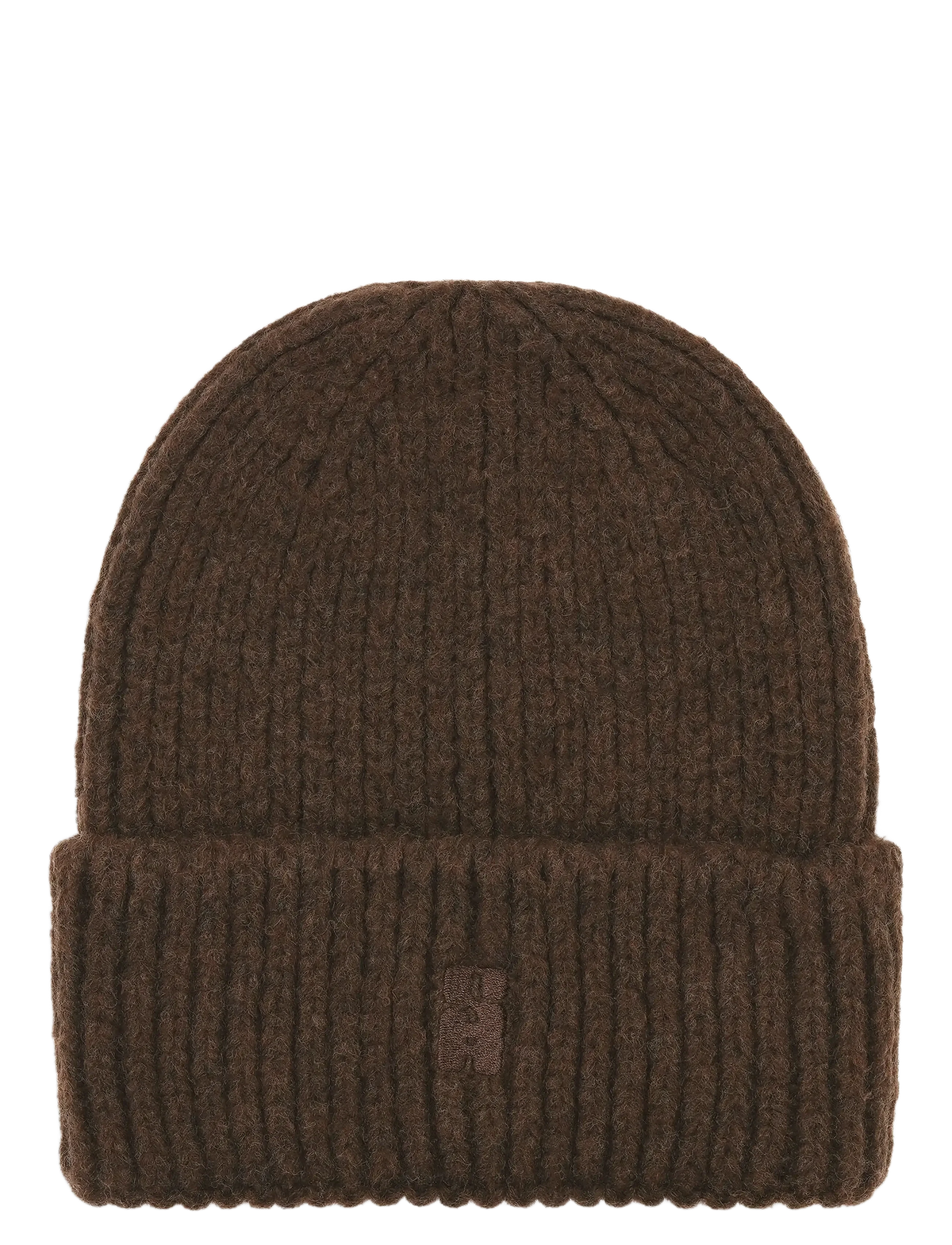 Brenda Beanie fra Sui Ava i Espresso, blød chunky ribstrikket hue med uld og genanvendt polyester – køb hos butikalrum.dk.