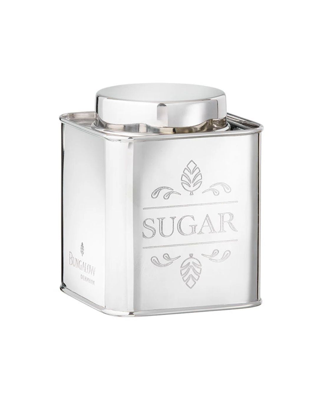 Grå opbevaringsdåse i rustfrit stål med 'coffee' og 'kaffe' indgravering.