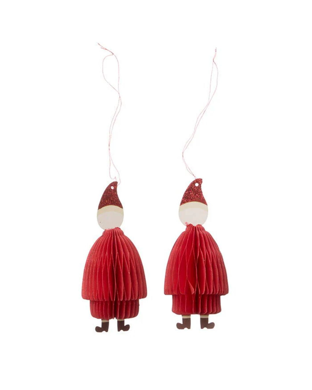 Sæt af to Honeycomb Santa-dekorationer i ruby-farve, perfekt til juleudsmykning med et legende honeycomb-design.