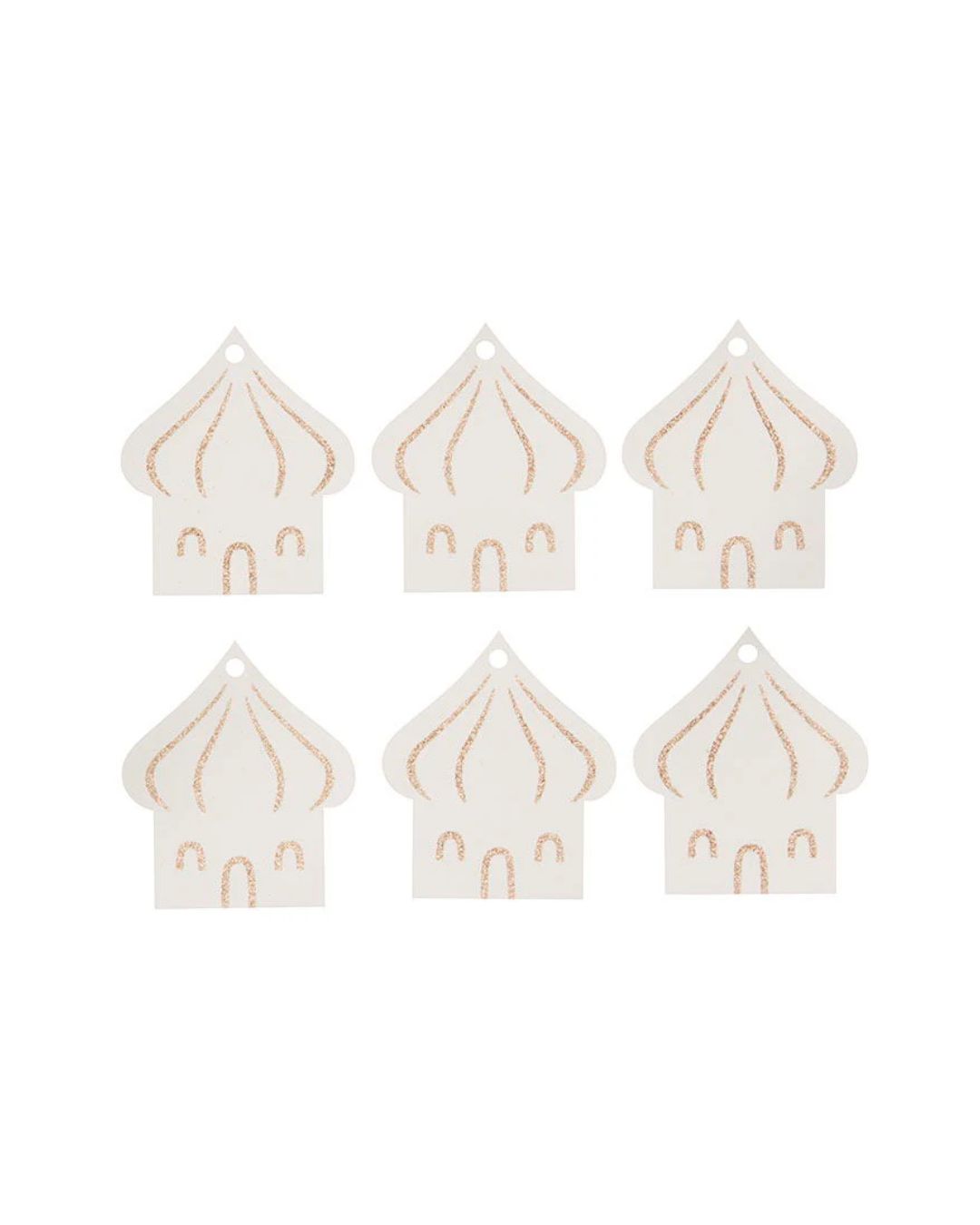 Pakke med 6 hvide gavemærker i bungalowdesign med gulddetaljer til julegaver.