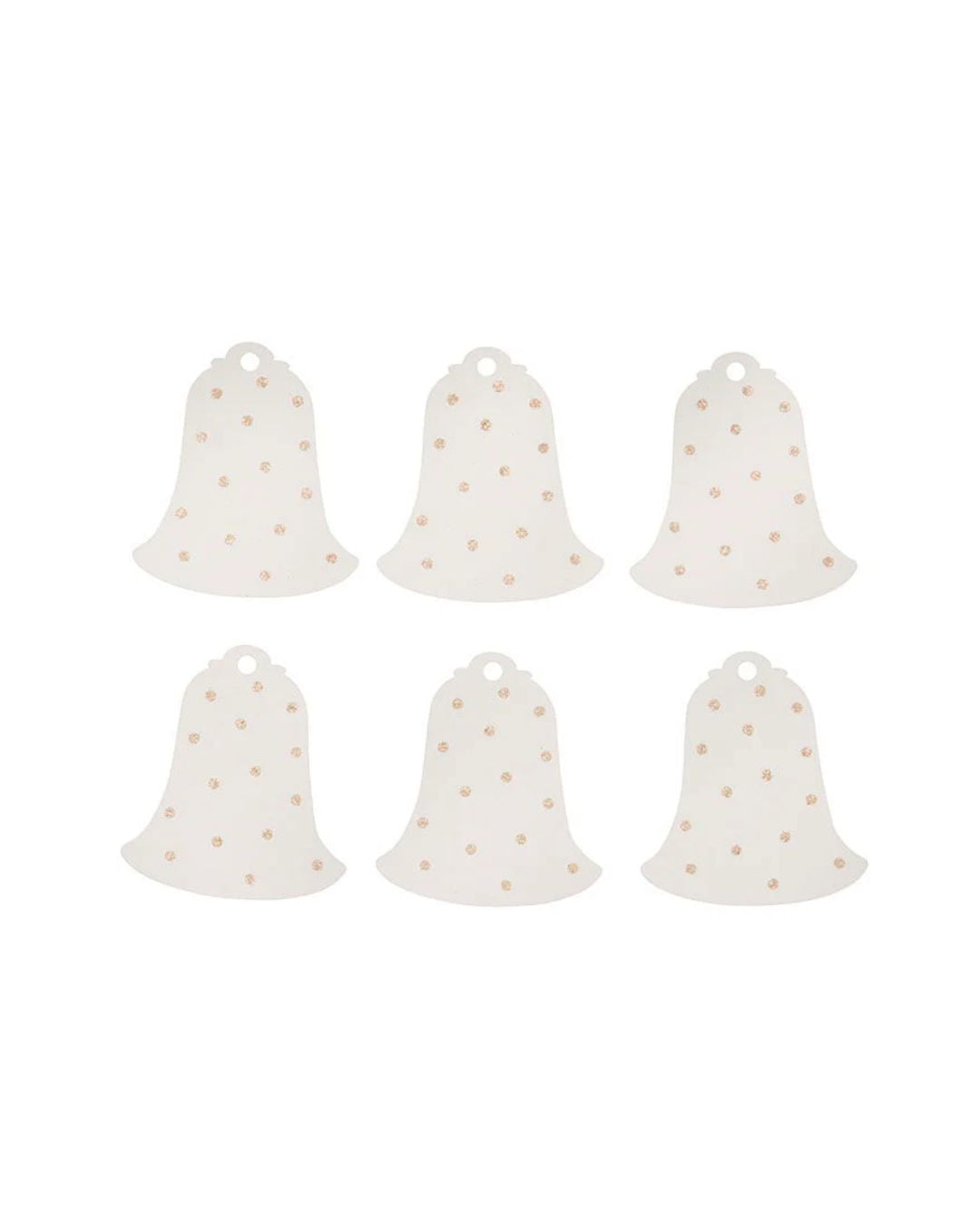 Pakke med 6 hvide gavemærker i klokkedesign med gulddetaljer til julegaver.