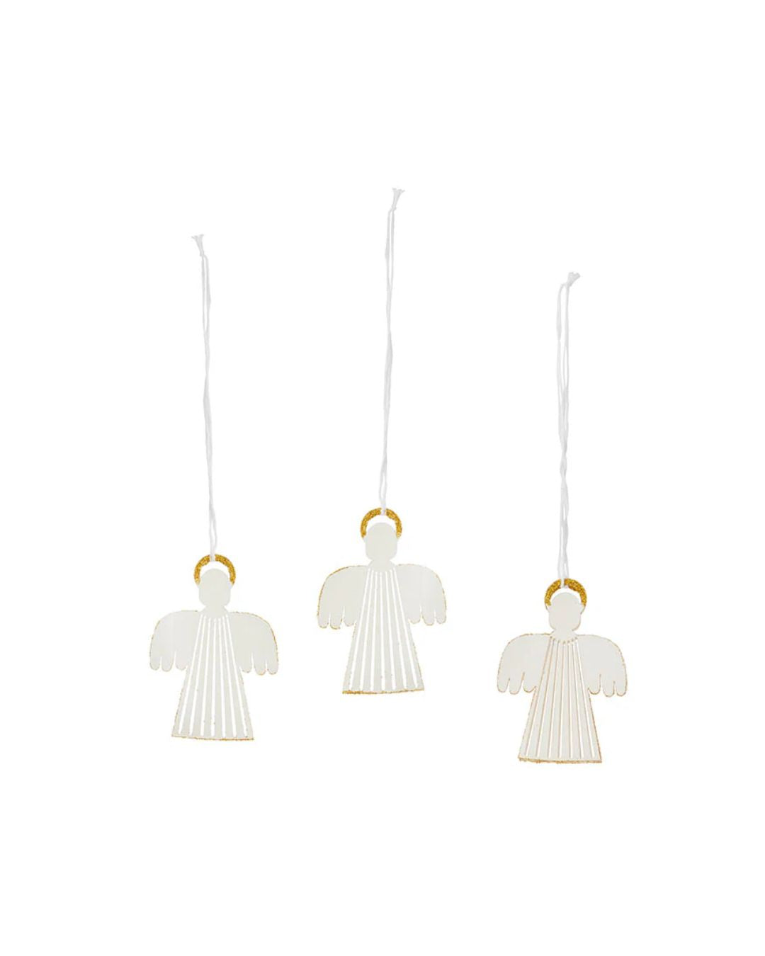 Trio af hvide papirengle med gulddetaljer