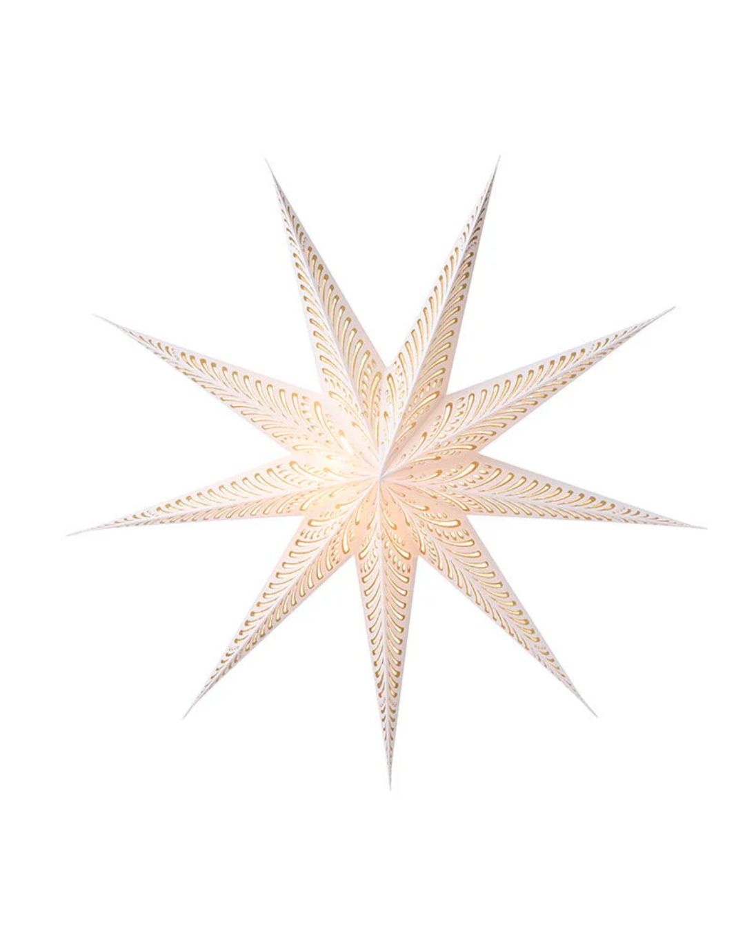 Håndlavet julestjernelampe i papir med udskæringer og gulddetaljer, 80 cm, hvid.