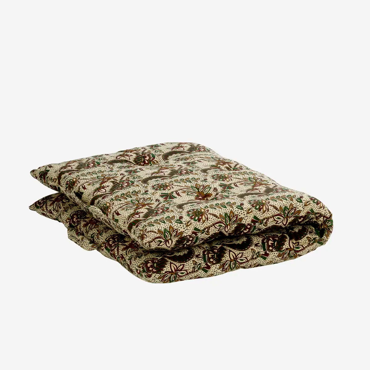 Printed cotton mattress med blomstret mønster i off white, green, chestnut og mustard til lounge sofa eller terrasse