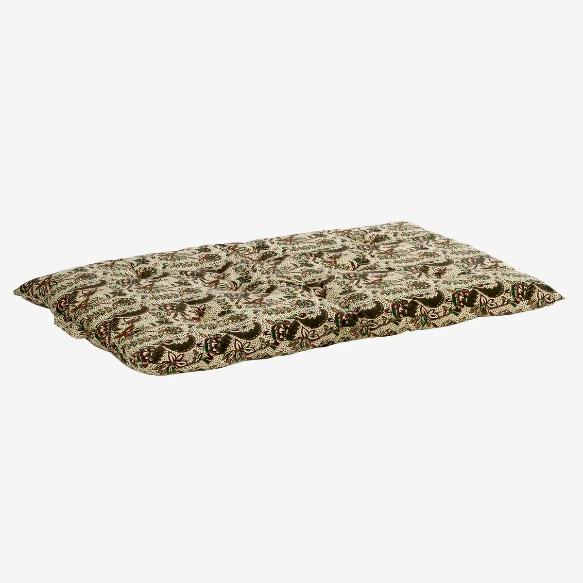 Printed cotton mattress med blomstret mønster i off white, green, chestnut og mustard til lounge sofa eller terrasse