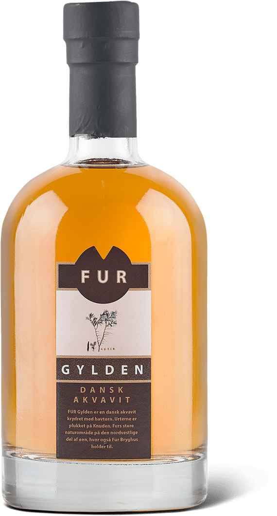 Fur Gylden fra Fur Bryghus, dansk akvavit krydret med havtorn, 38 % alkohol og 50 cl.