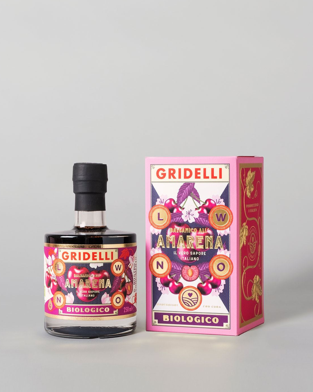 Økologisk balsamicoeddike med kirsebær fra gridelli, perfekt til salater, desserter og drinks.