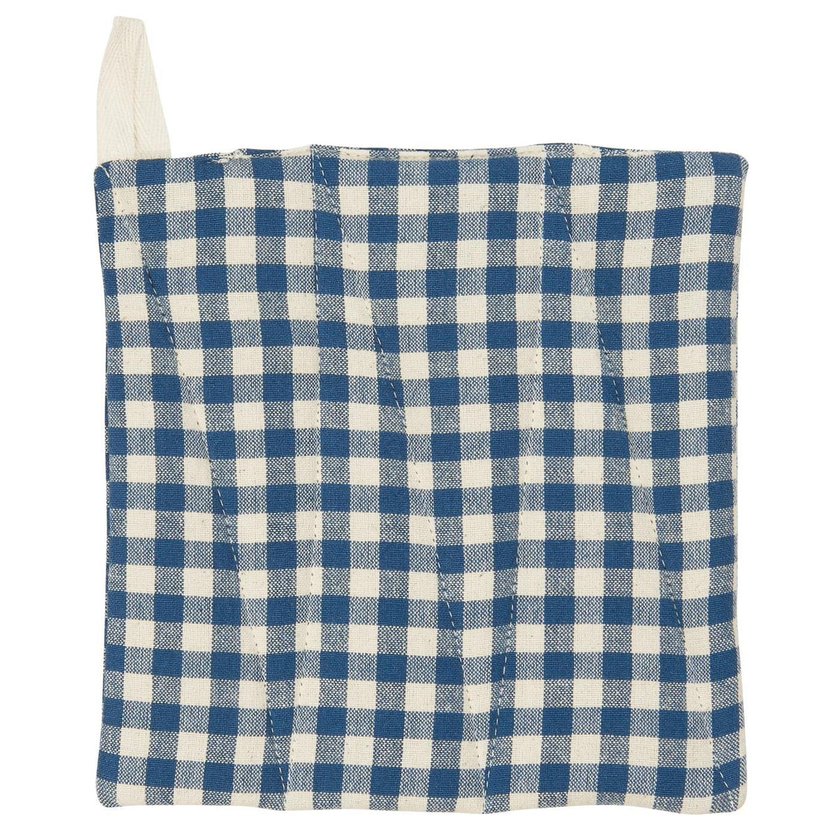 Mørkeblå grydelap med naturfarvede små tern, 20 x 21,5 cm – køb hos butikalrum.dk.
