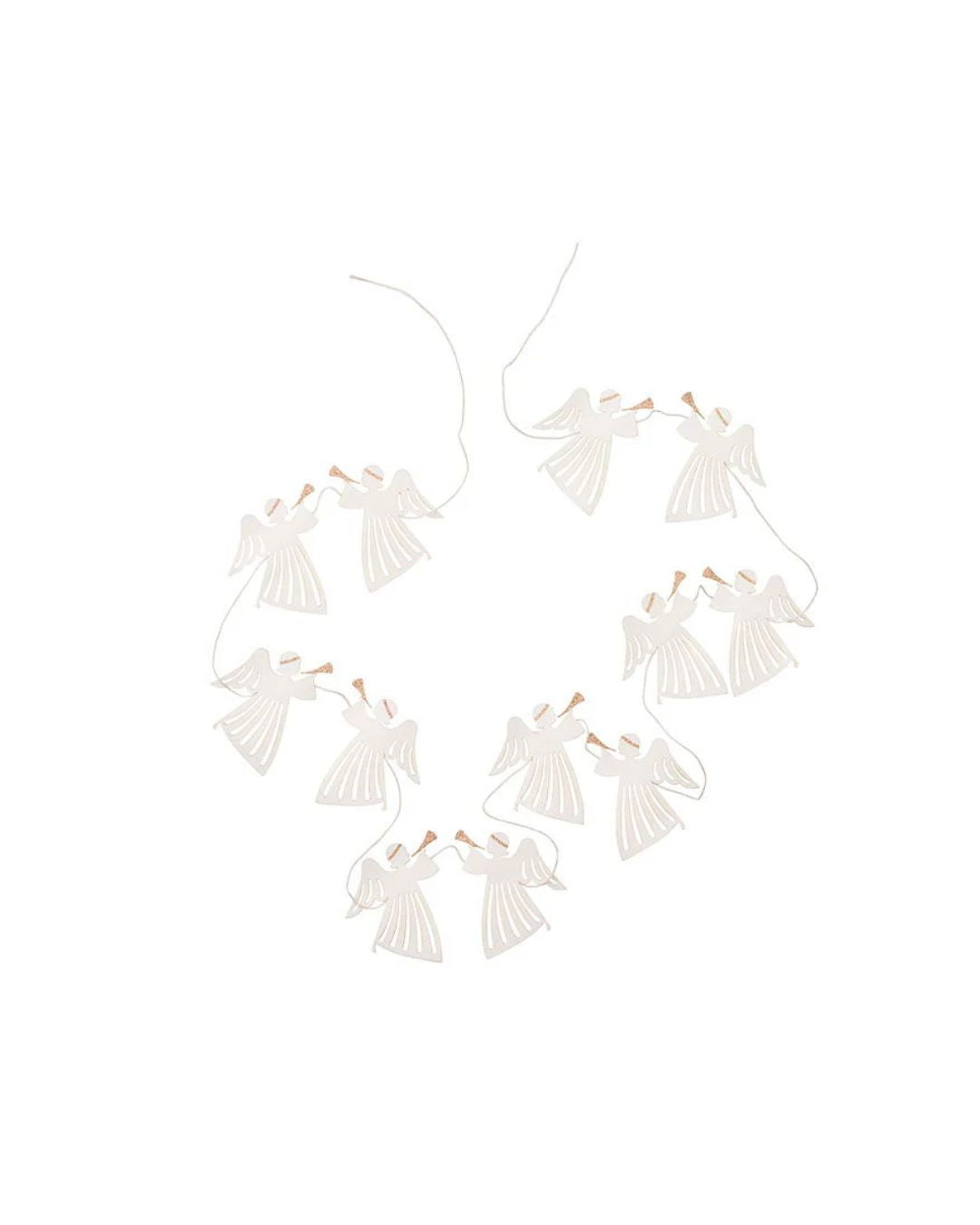 Elegant engleguirlande i hvidt papir med gulddetaljer, laserskåret i Indien.