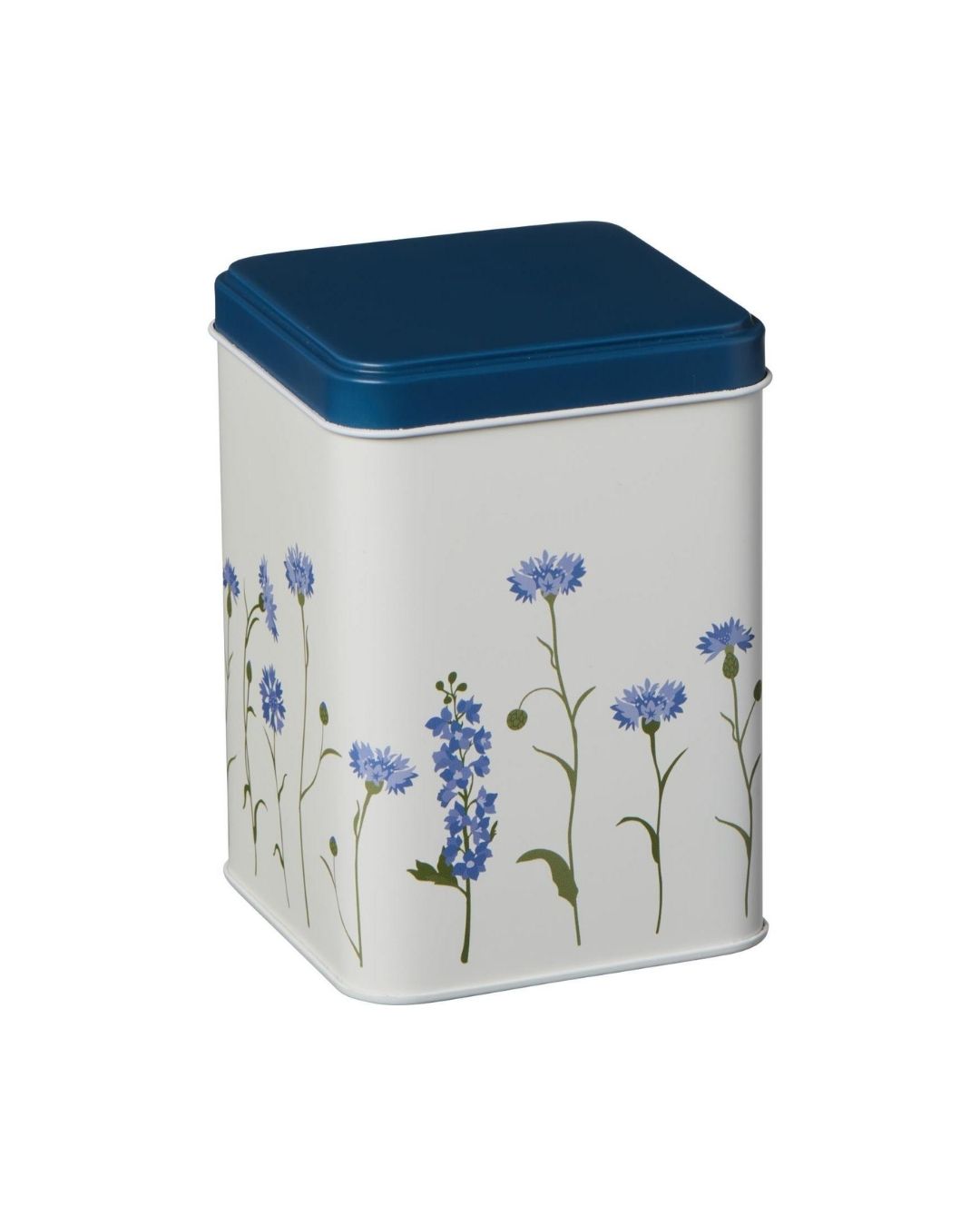 firkantet dåse med kornblomst-motiv – dekorativ og funktionel opbevaring til te, kaffe eller småkager.