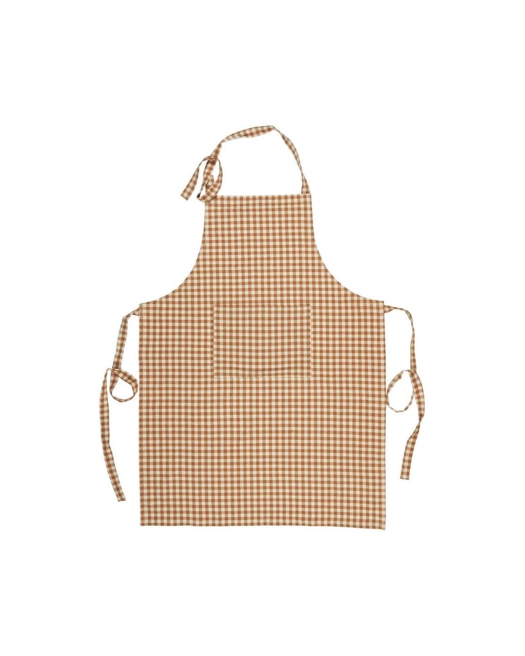forklæde med brune tern og lomme – klassisk og praktisk design, perfekt til madlavning og bagning.